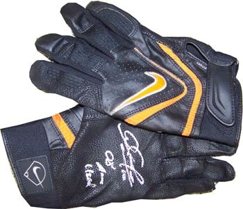 Adam Jones Autographed/Hand Signed Baltimore Orioles 2008 Game Used Black / Orange Batting Gloves