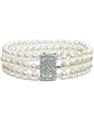 PremiumPearl Triple Strand White Freshwater Pearl Bracelet with Diamond Clasp