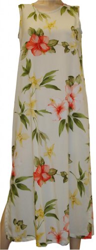 Hibiscus Summer Dress - Womens Hawaiian Dress - Aloha Dress - Hawaiian Clothing - 100% Rayon Cream Medium