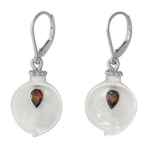 Sterling Silver Mother-of-Pearl Dangle Earrings with Garnet by Sajen