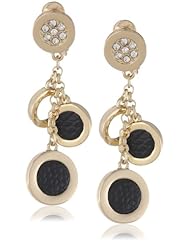 Anne Klein "Dalton" Black Gold-Tone Black Leather Shaky Drop Earrings