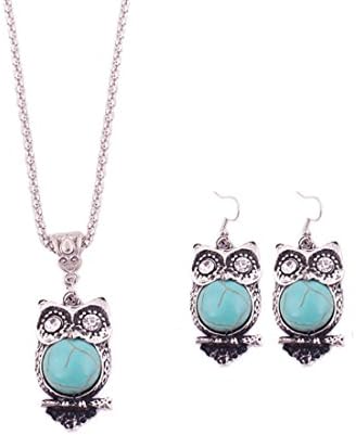 Fashion Womens Retro Turquoise Rhinestone Earrings Necklace Jewelry Set (Owl)