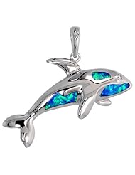Sterling Silver Killer Whale Pendant Synthetic Opal Inlay 1 1/4 inch tall,