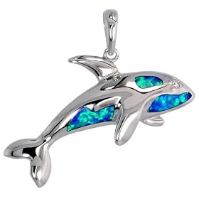 Sterling Silver Killer Whale Pendant, Inlaid w/ Lab Opal 1 1/4" (32 mm) tall,