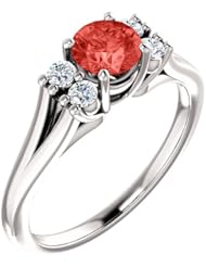 14K White Gold 5.00mm Round Cut Chatham Created Padparadscha Sapphire and Diamond Ring -- LIFETIME WARRANTY