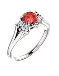 18K White Gold 5.00mm Round Cut Chatham Created Padparadscha Sapphire and Diamond Ring -- LIFETIME WARRANTY