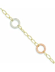 14K Gold Tri-color Oval Chain with Diamond Cut Circles Bracelet 7 Inches