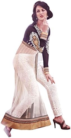 IBO Womens Stylish Net Resham Work Indo Western Salwar Kameez Unstitched White