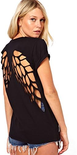 Casual Womens Punk Laser Backless Hollow Angel Wings Cut Out Blouse Tops T-shirt