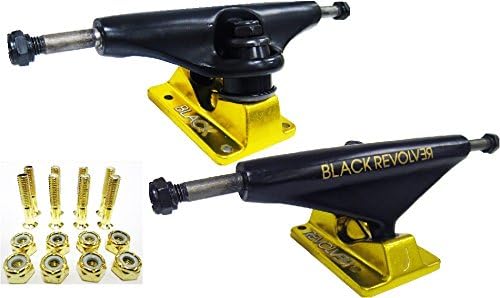 5.35" BLACK REVOLVER SKATEBOARD TRUCKS BLACK/GOLD + 8PCS 1" HARDWARE SCREWS GOLD