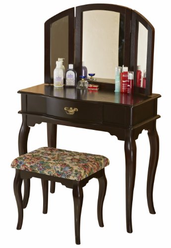 Queen Anne Style Cherry Finish Wood Vanity Set - Table, Bench & Mirror