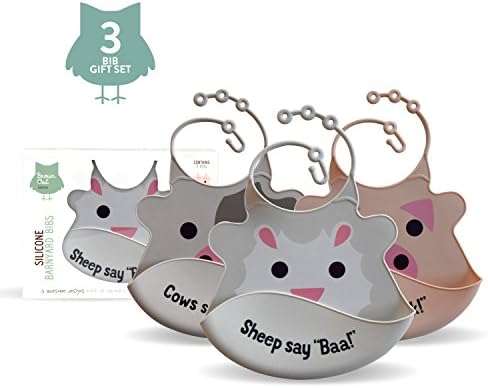 Baby bibs - Set of Three Soft Baby Barnyard Animal Bibs Wipeable with Food Catcher - Soft Silicone Baby Bib / Toddler Bib - Neutral Colours Unisex - Boxed Giftset ****Introductory Price****