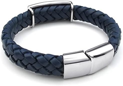 Mygoodie Jewelry Mens Blue Leather Bracelet Cuff Stainless Steel Charm Clasp - 8"