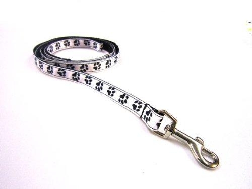 XSmall Black/Wht. Puppy Paws Dog Leash: 1/2" wide, 4ft length.
