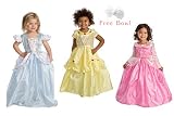 3 Princess Costume Set - Cinderella, Belle, Sleeping Beauty - Free Bow - Girls Ages 3-5 - Machine Washable!