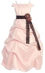 Girls  Off the Shoulder Floor Length Acetate/Polyester/Satin Flower-Girl Dress  With a Bow(s) and a Sash 