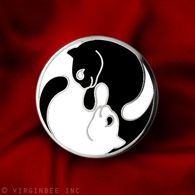 CAT YIN YANG TWINS FELINE TWO BLACK & WHITE CATS CHARMING LAPEL PIN IN BOX GIFT
