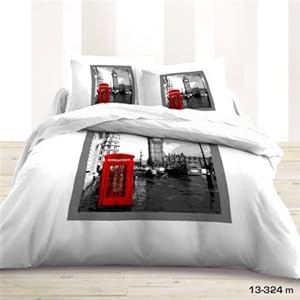 Housse de Couette 220x240 et 2 taies London  avec une cabine téléphonique anglaise et le Big Ben
