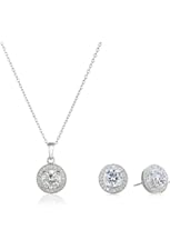 Sterling Silver Cubic Zirconia Round Halo Earrings and Pendant Necklace Jewelry Set, 18"