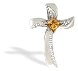 14K White Gold Genuine Square Citrine and Diamond Cross Pendant