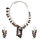 Necklace and Earrings Silver Smokey Quartz Gemstone Jewelry (gnklcs393)