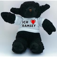 Schwarzes Schaf Pl�schtier mit T-shirt mit Aufschrift Ich liebe Ramsey