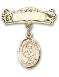 Gold Filled Baby Badge with St. Alexander Sauli Charm and Arched Polished Badge Pin