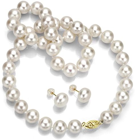 14k Yellow Gold 10-11mm White Cultured Freshwater Pearl Necklace 18" with Stud Earring Set.