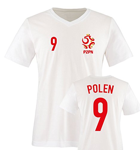 EM 2016 – TRIKOT – EM 2016 – POLEN – 9 – Herren V-Neck T-Shirt – Weiss / Rot-Gold Gr. XL