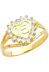 10k Yellow Gold Sweet 15 Anos Quinceanera Heart Ring with Cubic Zirconia