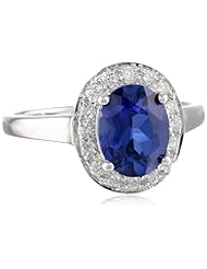 14k White Gold Created Oval Gemstone with Diamond Halo Ring