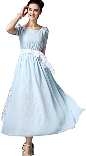 Erlking Women's Chiffon Puffed Sleeve Wendy Costume With Belt Retro Maxi Dress Color Blue Size L