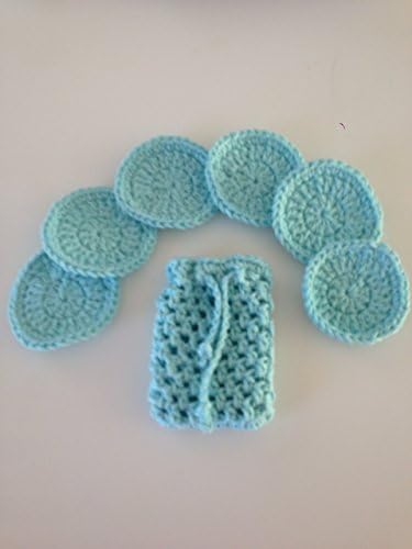 Crochet mini set of face pads and soap saver, shower soap bag, face scrubbiest aqua cotton yarn