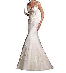 V-neck Mermaid Tulle Lace Backless Applique Wedding Dress  with a Brush/Sweep Train 