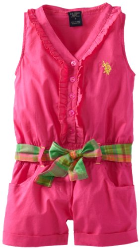 U.S. Polo Assn. Girls 26X ButtonUp Ruffled Romper, Pink Peak, 4 Picture