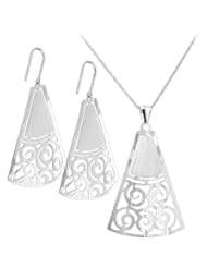 Sterling Silver Filigree Swirl Design Earrings and Pendant 17 inch Chain Necklace Set