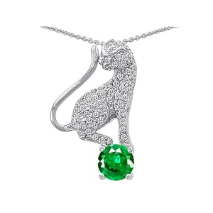 14K White Gold Plated 925 Sterling Silver Cat Pendant with 7mm Simulated Round Emerald and Genuine White Quartz