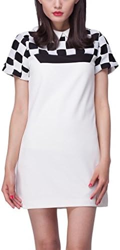 Parabuy Women's Cutaway Collar Short Sleeve Checkered Pattern Dress, White, 4