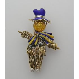 Antique 18k Yellow Gold Enamel Scare Crow Pin by