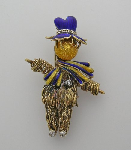 Antique 18k Yellow Gold Enamel Scare Crow Pin