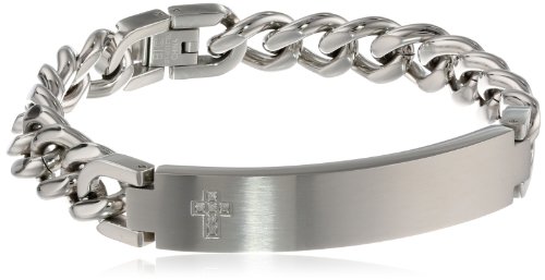 Men's Stainless Steel ID Bracelet with Diamond Cross