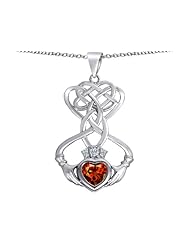 Celtic Love By Kelly (tm) Celtic Knot Claddagh Heart Pendant with Heart Shape Simulated Garnet in 925 Sterling Silver