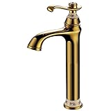Tophome　洗面水栓　キッチン水栓 手洗水栓 シングルレバー 水栓金具 立水栓　蛇口 水栓 真鍮製 洗面台用 クラシック　H334mm (金色)