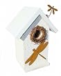 Funky Randy Birdhouse 11.5" - White Rustic Bird House w Metal Dragonfly w Free Standing Dragon fly Chimney