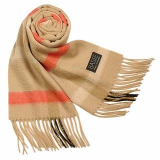 Basile Checked Cashmere Fringed Long Scarf Camel
