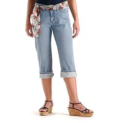 Lee Women's Plus Sashed Cuffed Mid Rise Capri, Blue Grey with Orange Sash
