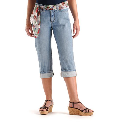 Lee Jeans Women's Plus Sashed Cuffed Mid Rise Capri, Blue Grey with Orange Sash