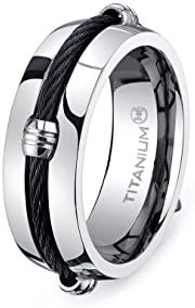 Titanium Ring with Black Steel Cable Wire Rope Twirl For Mens Wedding Band Rings