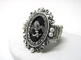 Silvertone Crystal and Faux Pearl Fleur De Lis Stretch Fashion Ring