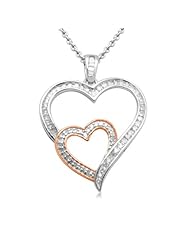 Jewelili 1/4 Cttw Diamond Double Heart Pendant in Sterling Silver with 14K Rose Gold Plate, 18"